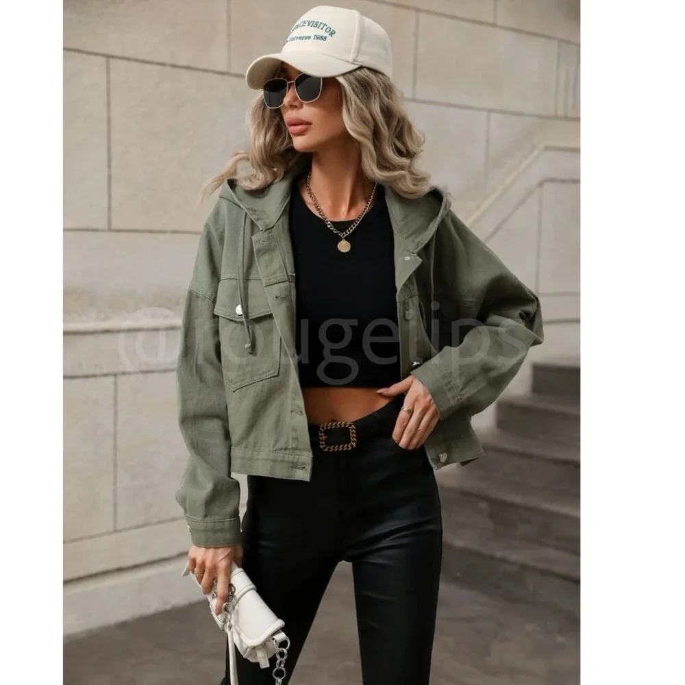 Boxy, Oversized Hooded Army Green Jean Jacket Fap Pockets Long Sleeve - Picture 6 of 8